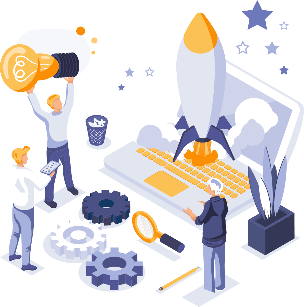 Illustration of a team launching a rocket from a laptop, with a lightbulb, gears and a magnifying glass, representing an online business launch
